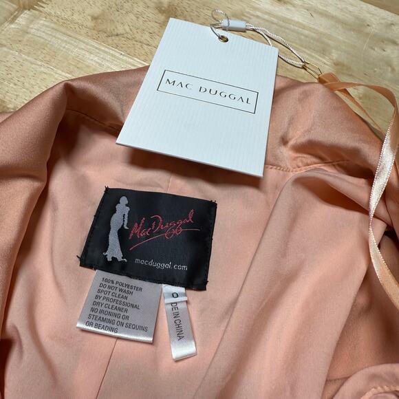 Mac Duggal NWT Salmon Peach Bishop Long Sleeve Satin Short Wrap Dress Size 0 - Picture 5 of 10